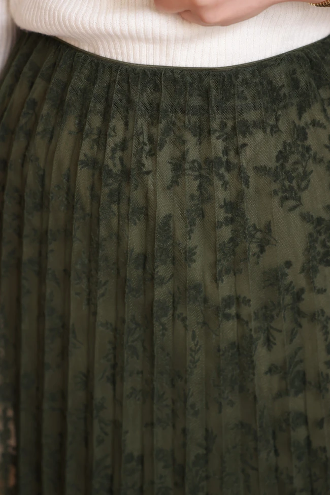 Yeşil Piliseli Flok Baskılı Astarlı Tül Etek