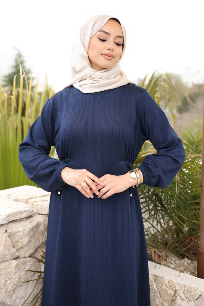 Açık Lacivert Bisiklet Yaka Bel Ve Kol Lastikli Bürümcük Elbise