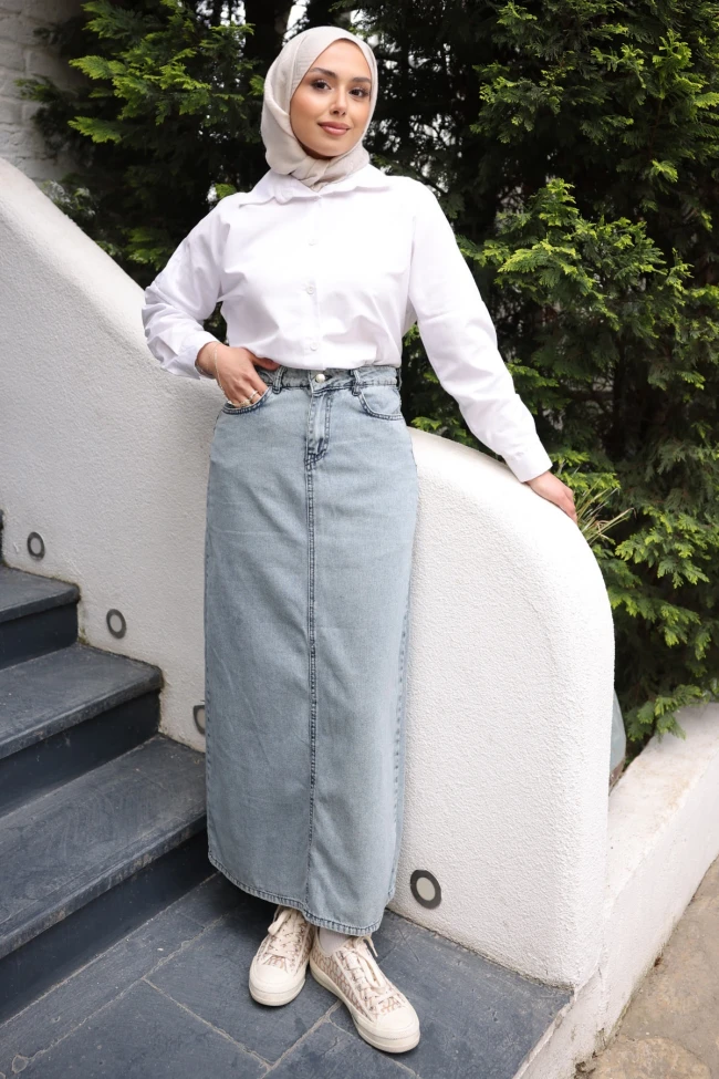 Açık Mavi Önü Fermuarlı Uzun Kot Etek