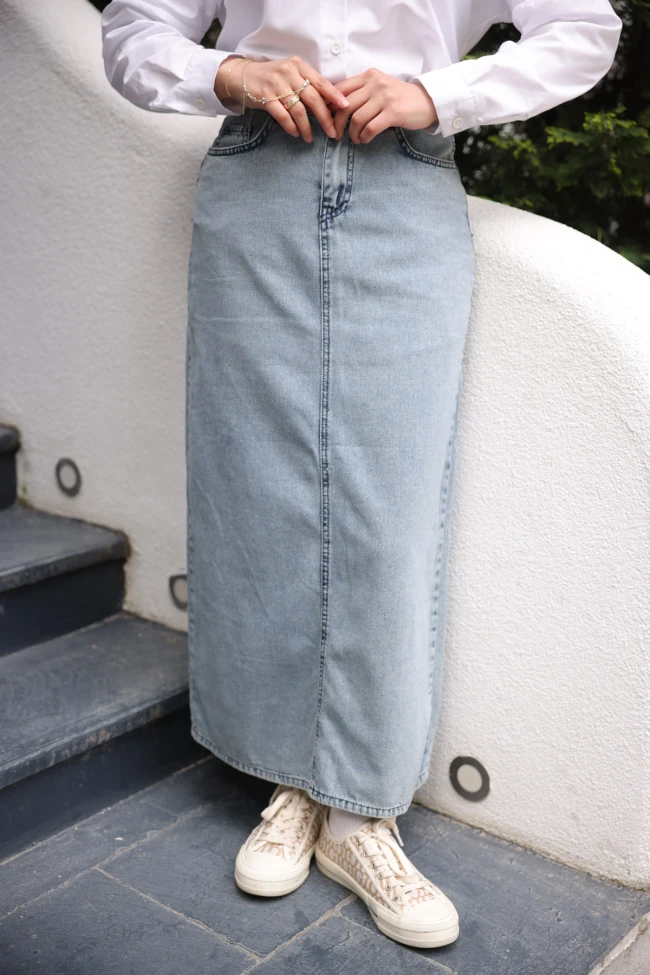 Açık Mavi Önü Fermuarlı Uzun Kot Etek