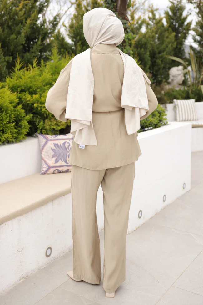 Açık Vizon Volanlı Bel Bağlamalı Tunik Pantolonlu Takım