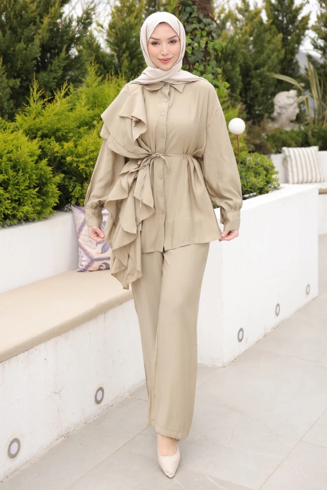 Açık Vizon Volanlı Bel Bağlamalı Tunik Pantolonlu Takım