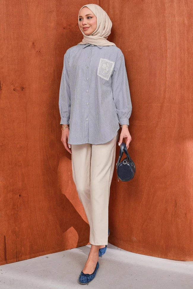 Antrasit Düğmeli Çizgili Taş Detaylı Gömlek