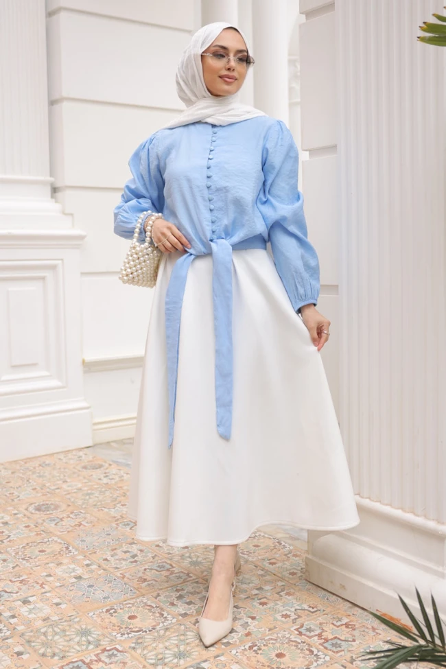 Bebe Mavi Bel Bağlamalı Düğmeli Gömlek