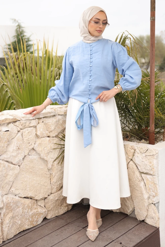 Bebe Mavi Kol Lastikli Bel Bağlamalı Gömlek