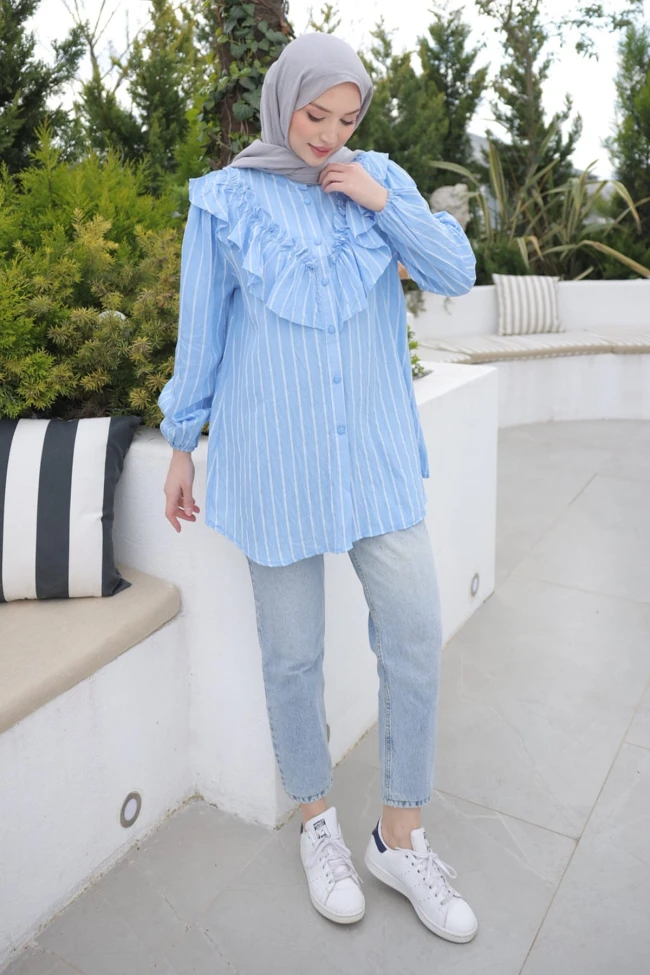 Bebe Mavi Yaka Detaylı Kol Lastikli Çizgili Gömlek