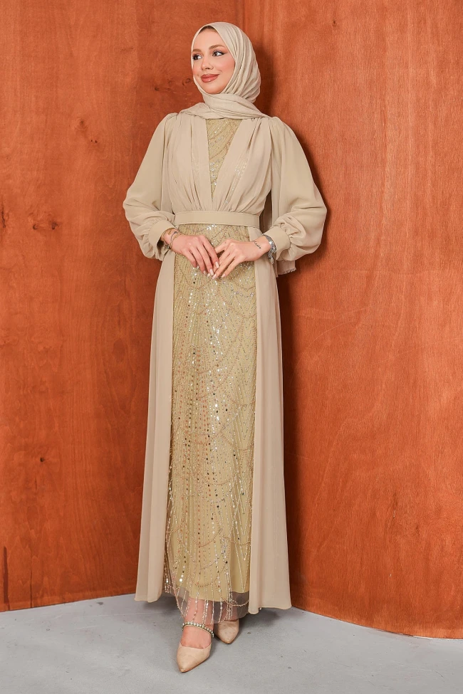 Bej Boncuklu Şifon Abiye