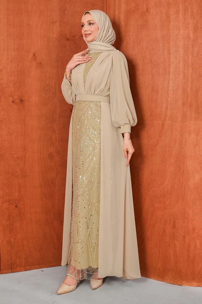Bej Boncuklu Şifon Abiye