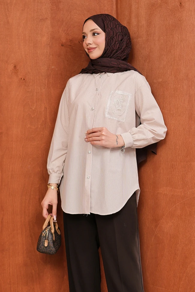 Bej Düğmeli Çizgili Taş Detaylı Gömlek