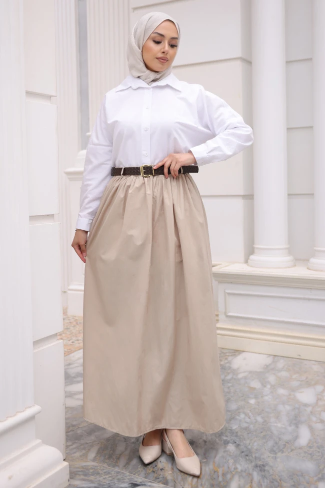 Bej Kemerli Cepli Poplin Etek