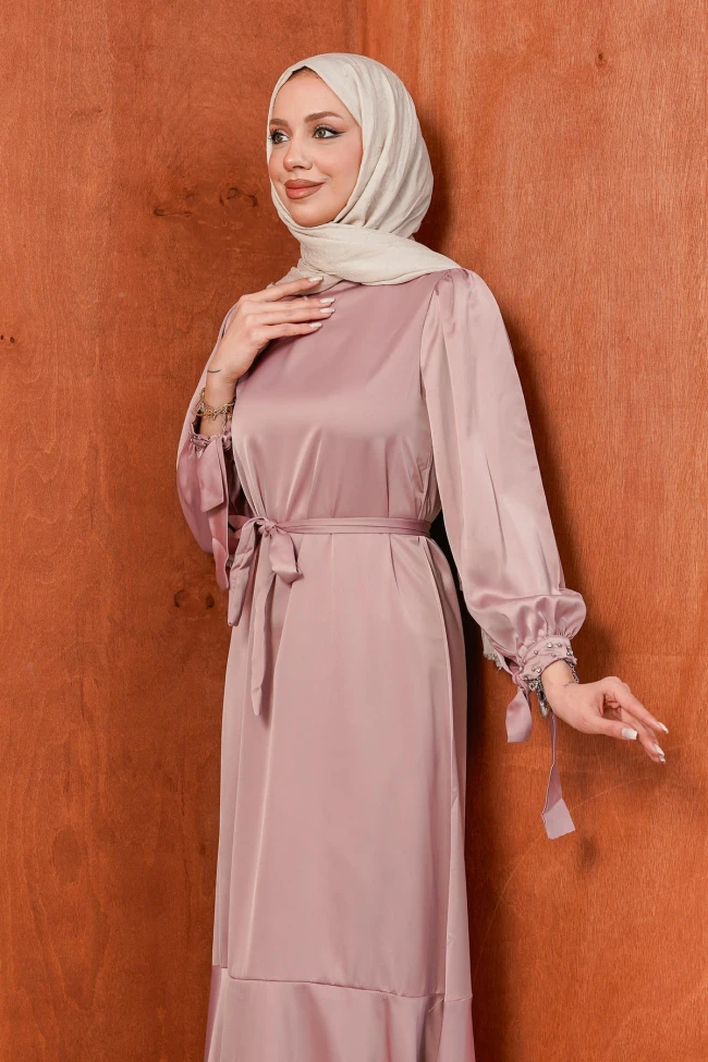 Bej Taş Detaylı Eteği Volanlı Saten Abiye