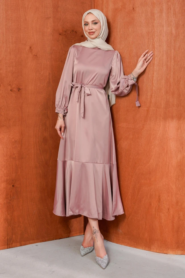Bej Taş Detaylı Eteği Volanlı Saten Abiye