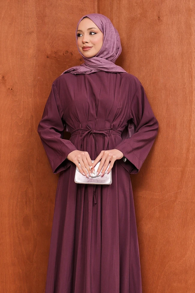 Bordo Bel Bağlamalı Piliseli Elbise