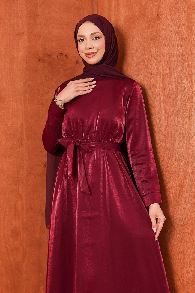 Bordo Bel Lastikli Saten Kuşaklı Abiye