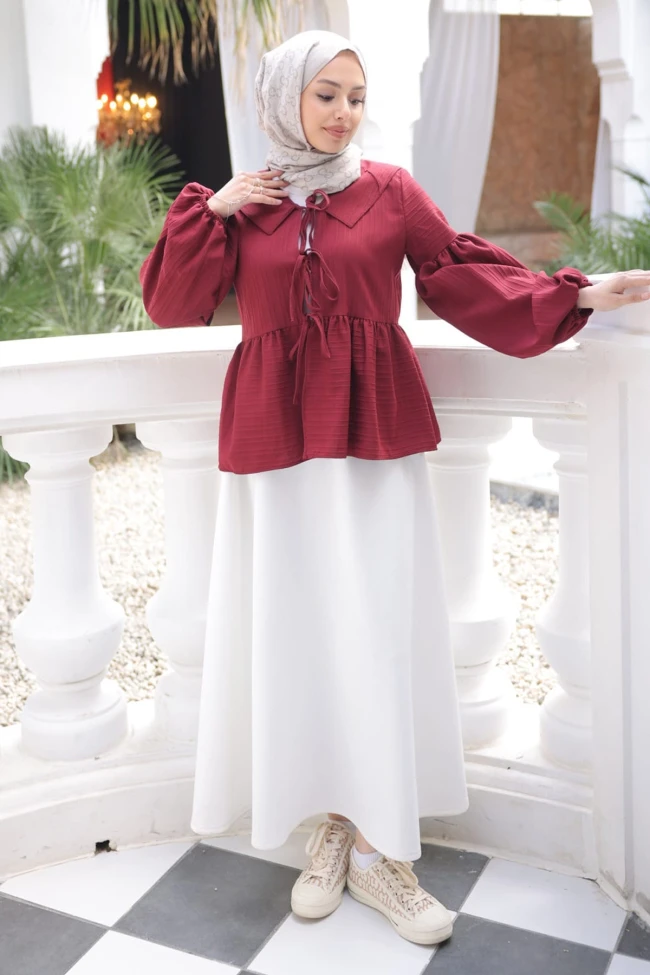 Bordo Kol Lastikli Ön Bağlamalı Gömlek