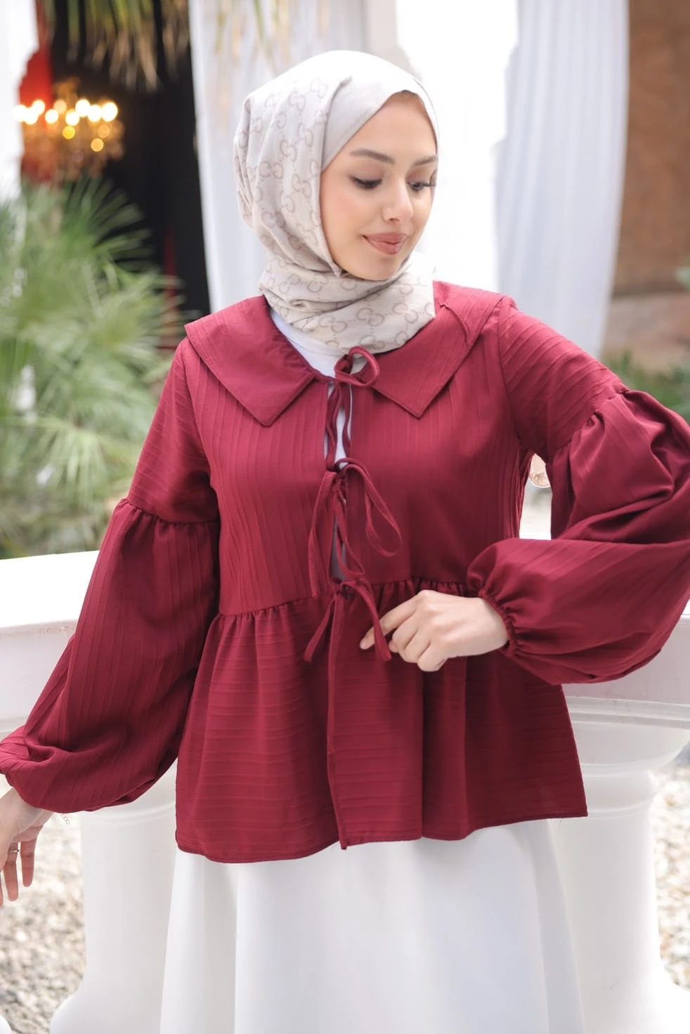 Bordo Kol Lastikli Ön Bağlamalı Gömlek