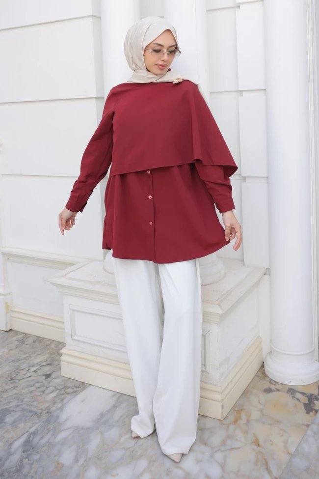 Bordo Ön Bronş Detaylı Tunik