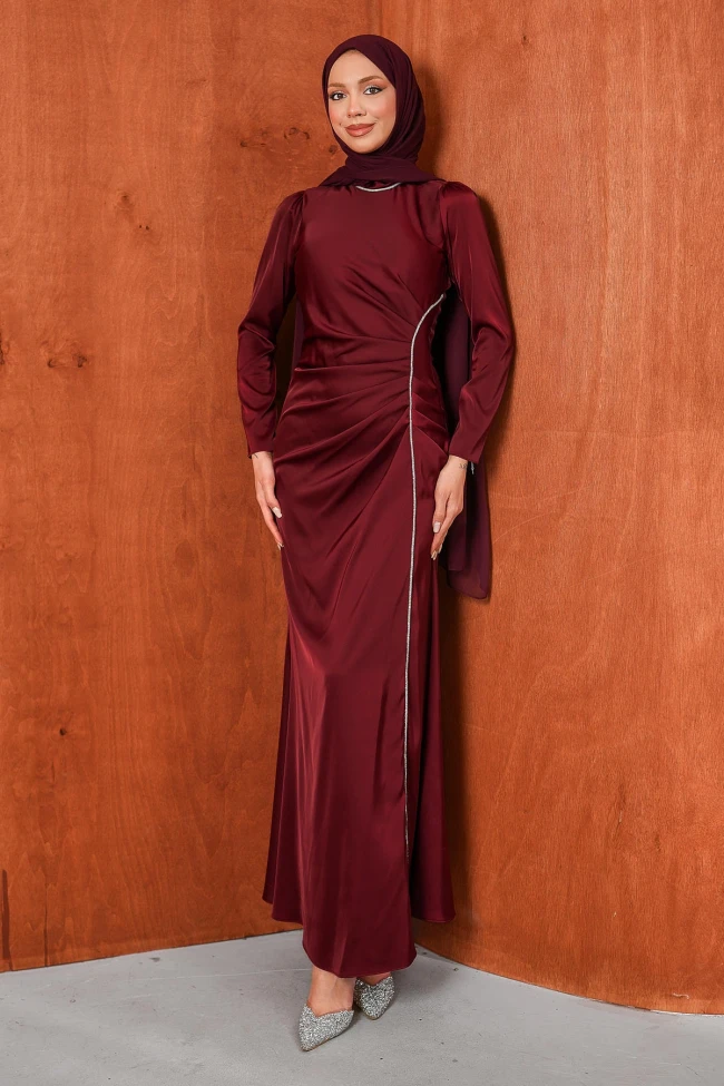 Bordo Önü Drapeli Taşlı Saten Abiye