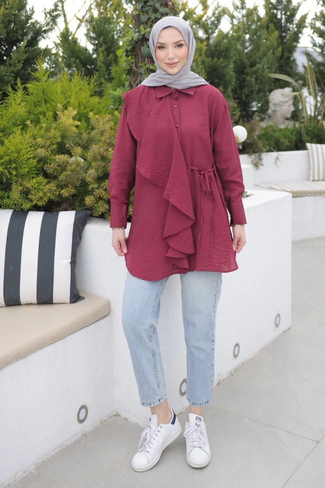 Bordo Önü Fırfır Detaylı Gömlek