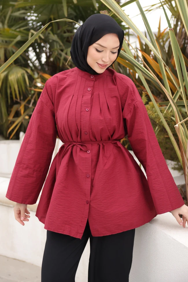 Bordo Önü Piliseli Bağlamalı Tunik