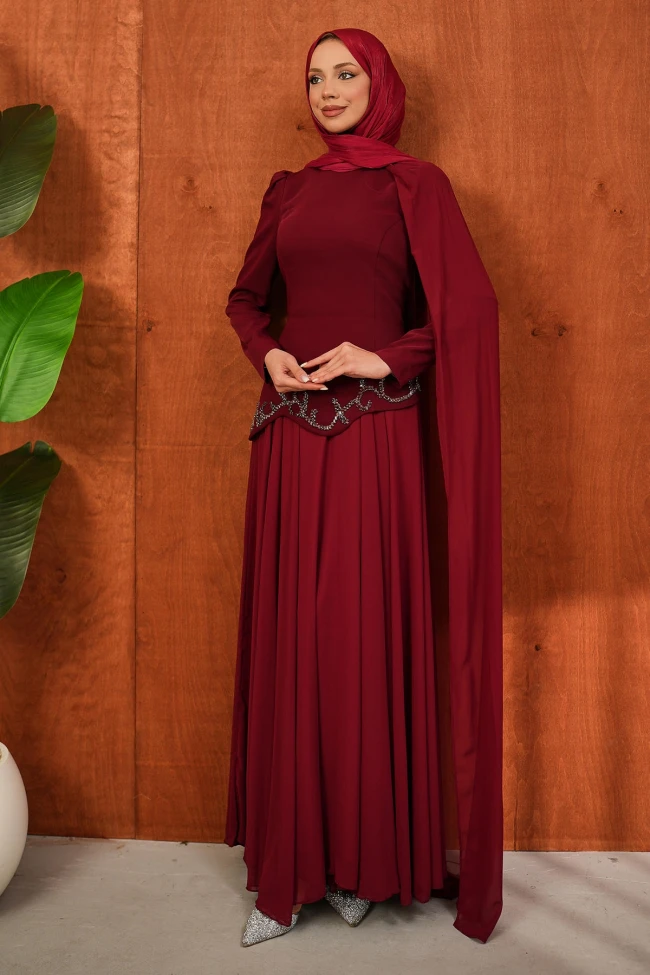 Bordo Önü Taşlı Krep Abiye