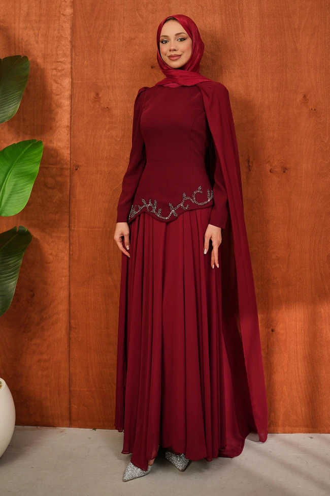 Bordo Önü Taşlı Krep Abiye