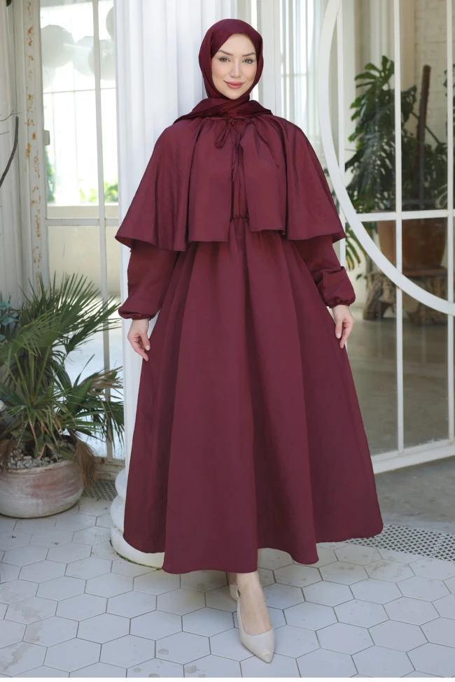 Bordo Pelerin Detaylı  Kol Lastikli Elbise