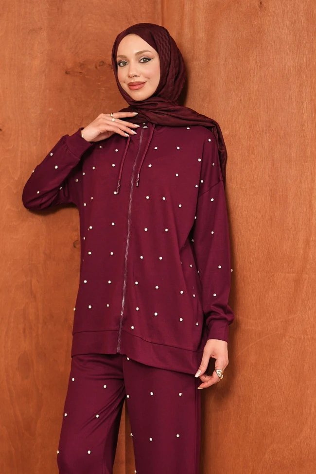 Bordo Taş Detaylı Tunik Pantolonlu Takım