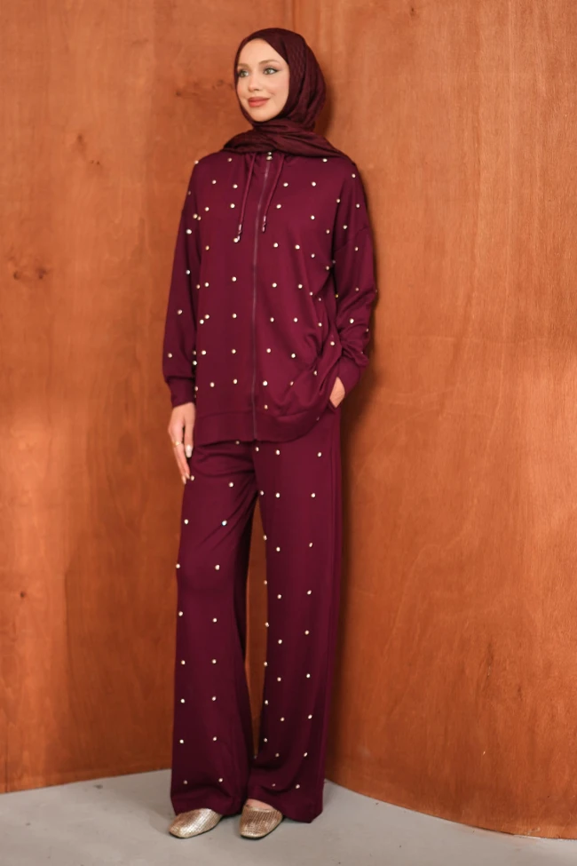 Bordo Taş Detaylı Tunik Pantolonlu Takım