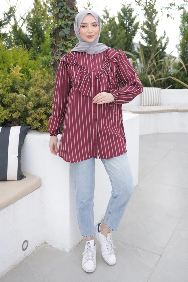 Bordo Yaka Detaylı Kol Lastikli Çizgili Gömlek