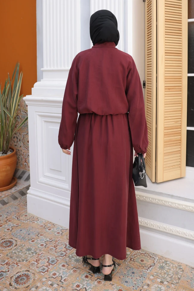 Bordo Yarasa Kol Asimetrik Cepli Ceket Etekli Takım