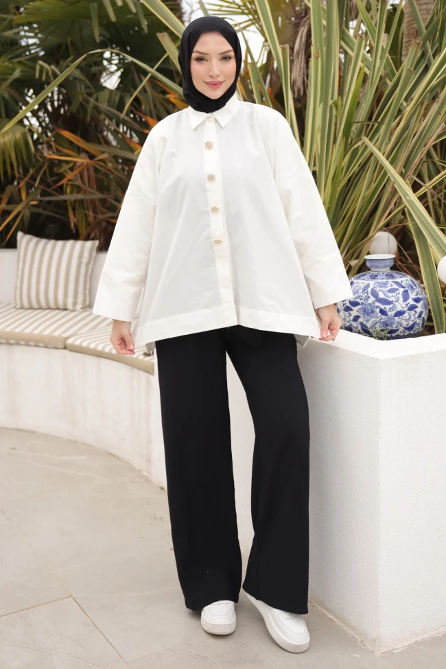 Ekru Düğmeli Geniş Kol Tunik