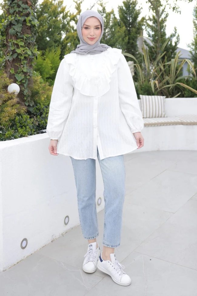 Ekru Yaka Detaylı Kol Lastikli Çizgili Gömlek