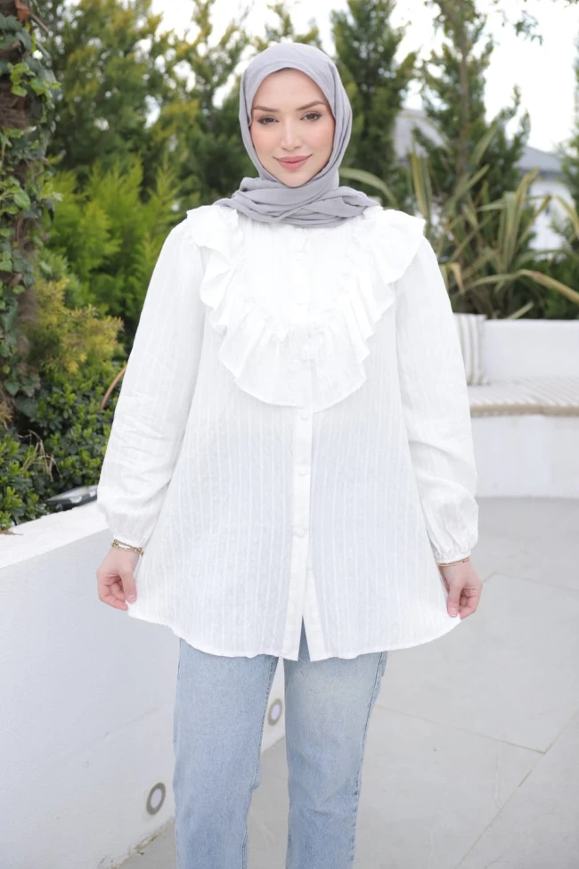 Ekru Yaka Detaylı Kol Lastikli Çizgili Gömlek