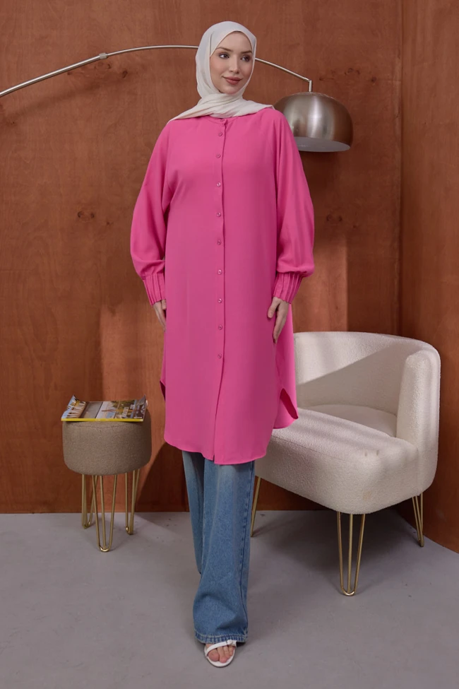 Fuşya Kolları Nervürlü Linda Tunik