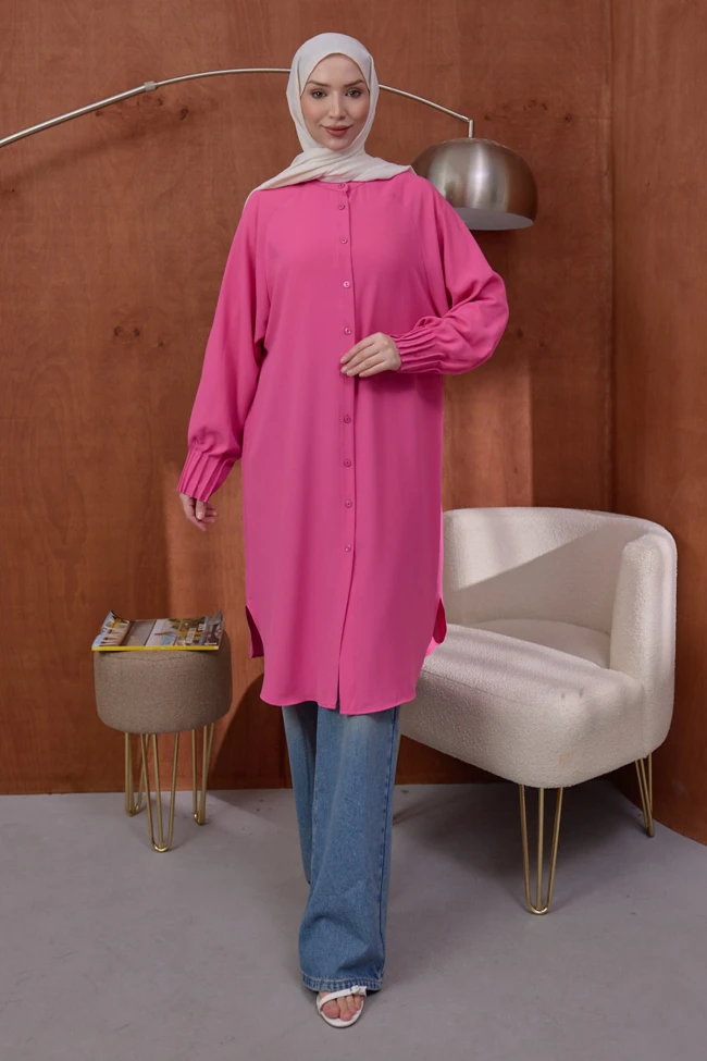 Fuşya Kolları Nervürlü Linda Tunik