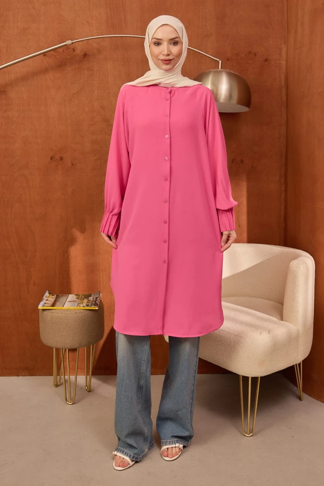 Fuşya Kolları Nervürlü Linda Tunik