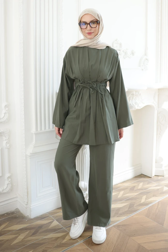 Haki Bel Bağlamalı Tunik Pantolonlu Modal Takım