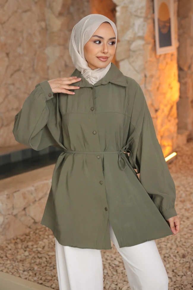 Haki Biye Detaylı İp Bağlamalı Modal Dokuma Gömlek