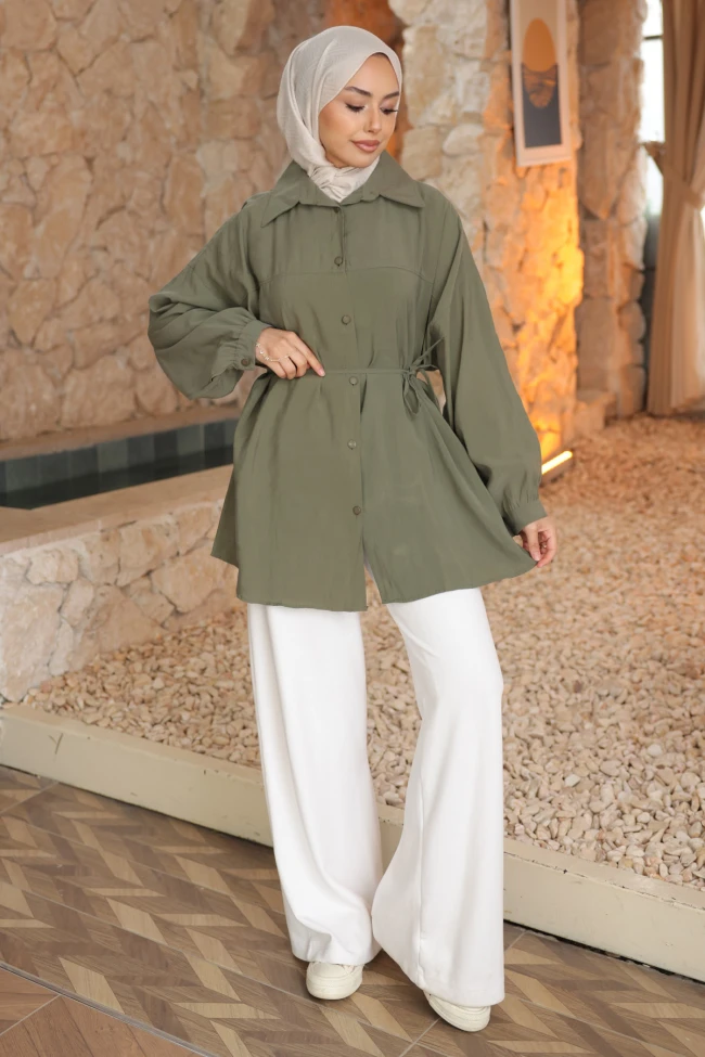 Haki Biye Detaylı İp Bağlamalı Modal Dokuma Gömlek