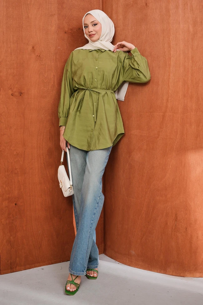 Haki Düğmeli İp Bağlamalı Modal Gömlek