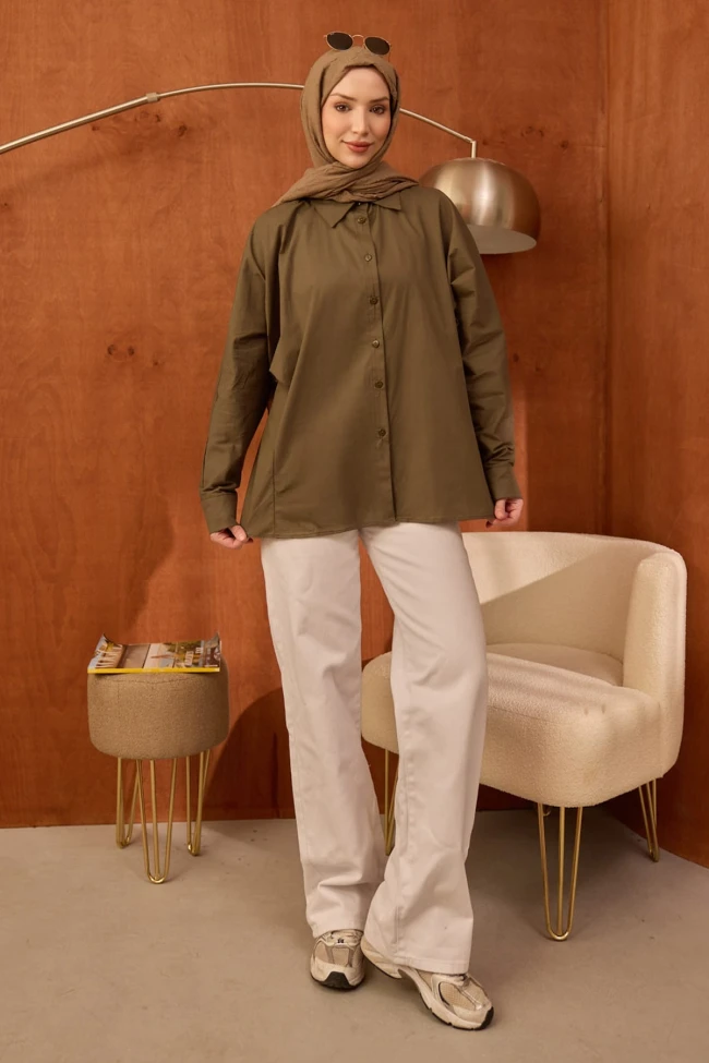 Haki Düğmeli  Yarasa Kol Terikoton Gömlek