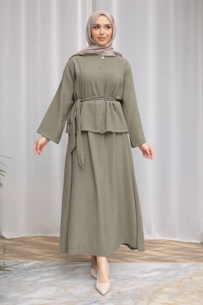 Haki Gizli Düğmeli Bel Kuşaklı Gömlek Etekli Takım