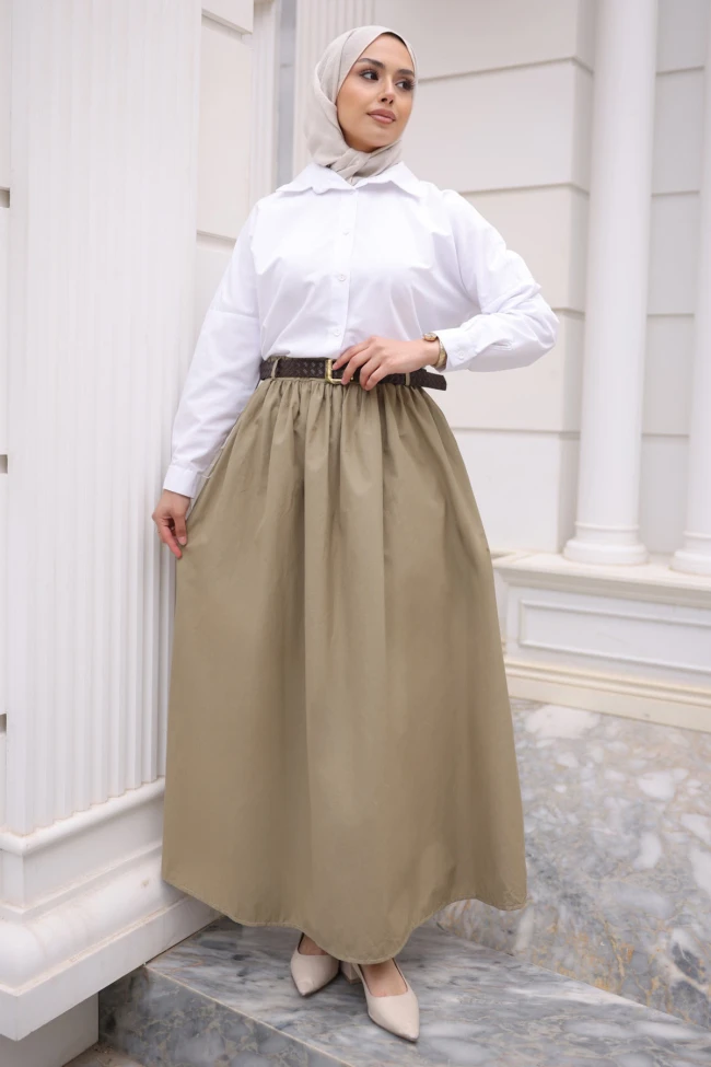 Haki Kemerli Cepli Poplin Etek