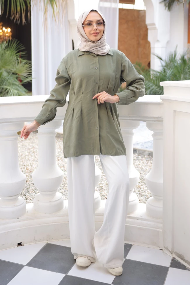 Haki Önü Pens Detaylı Modal Dokuma Gömlek