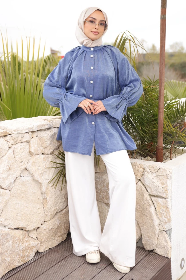 İndigo Kol Ve Bel Bağlamalı Düğmeli Tunik