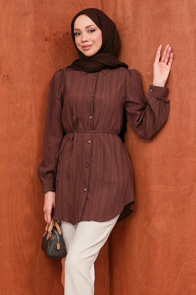 Kahverengi Bel Bağlamalı Düğmeli Tunik