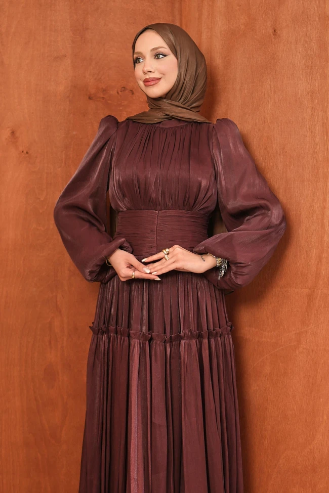 Kahverengi Bel Büzgülü Katlı Abiye