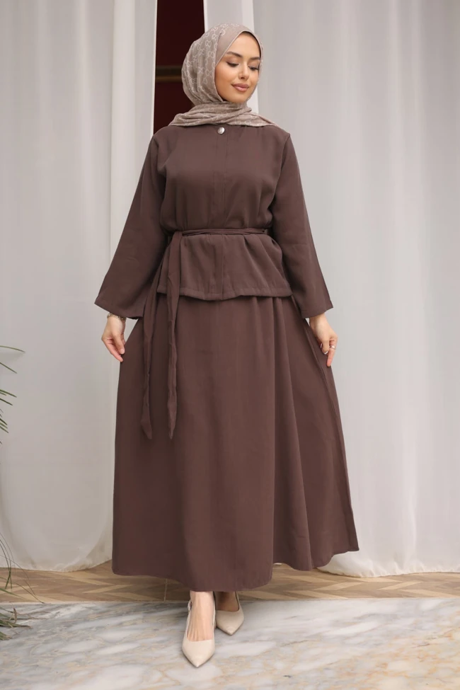 Kahverengi Gizli Düğmeli Bel Kuşaklı Gömlek Etekli Takım