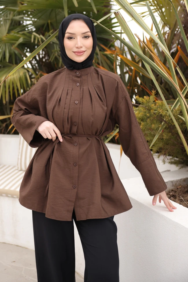 Kahverengi Önü Piliseli Bağlamalı Tunik